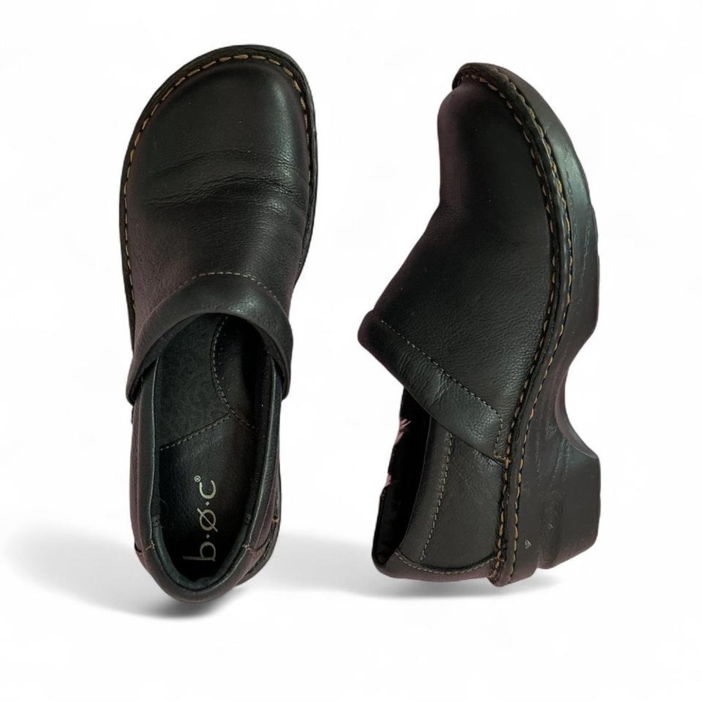 BOC Black Leather Comfort Clogs Mule Shoes Casual Everyday Slip On